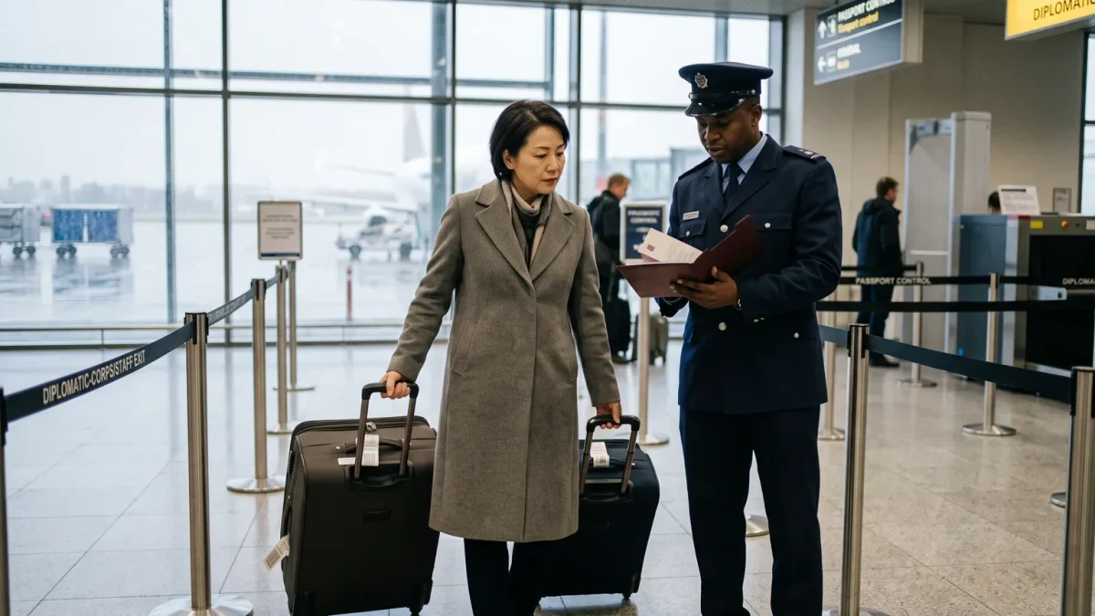 Diplomat carrying suitcases past airport guard post at departure