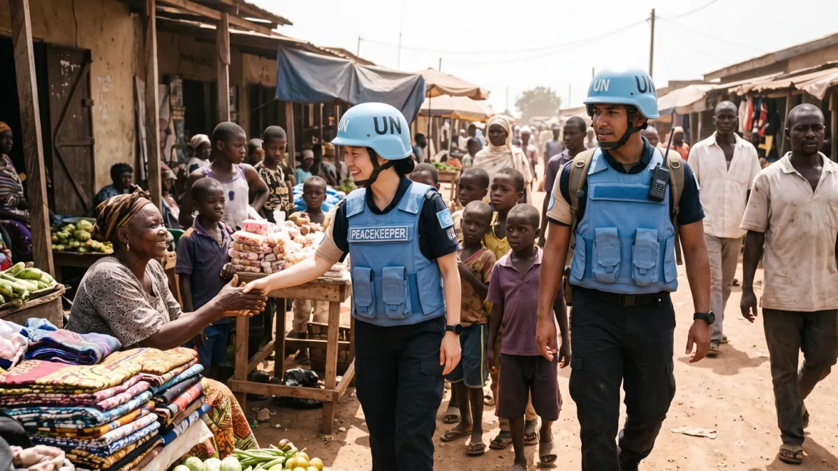 Peacekeepers from two nations patrolling a dusty town market street