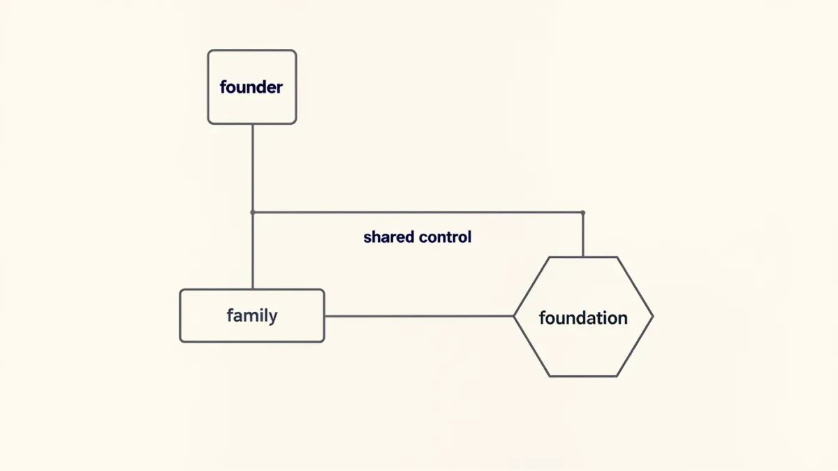 Minimal editorial chart of a founder succession with family and foundation nodes