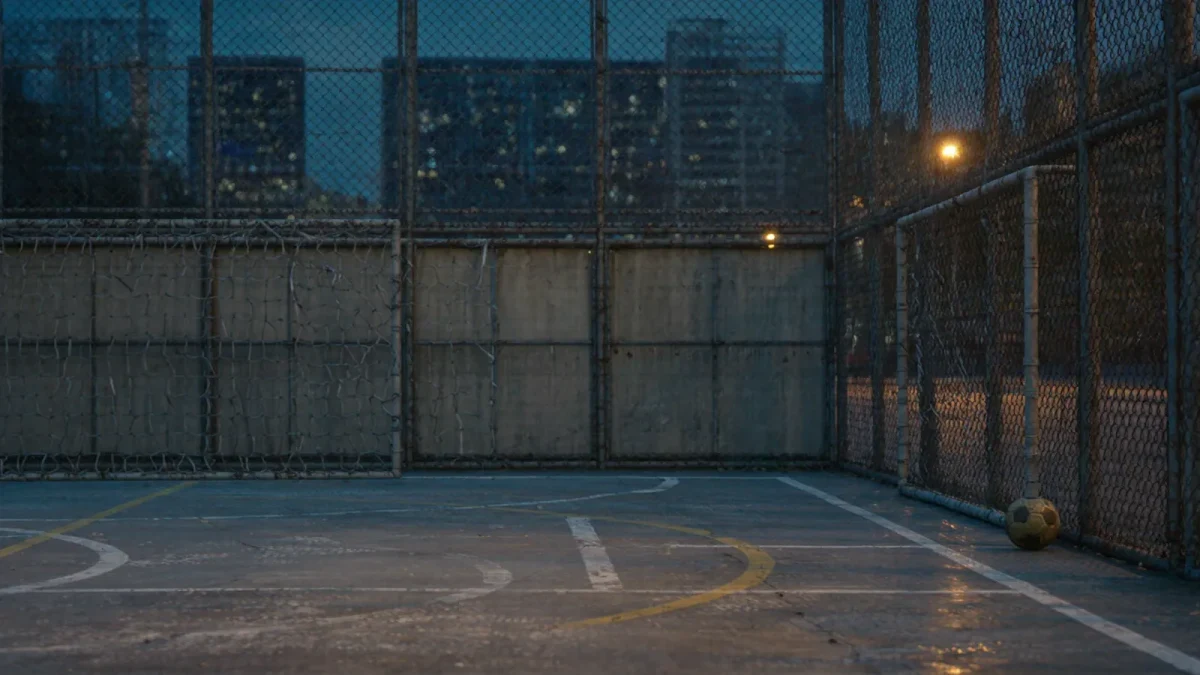 Empty urban cage football court at dusk