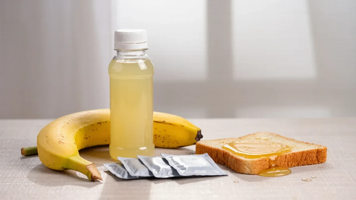 Close-up of unbranded energy gels, banana and sports drink arranged for a race-morning breakfast