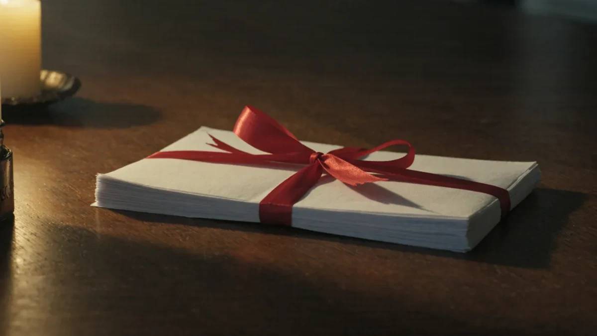 Stack of paper voting ballots bound with red ribbon on dark wood