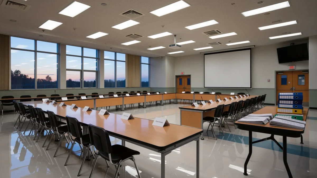 Empty school board meeting room with microphone before a hearing