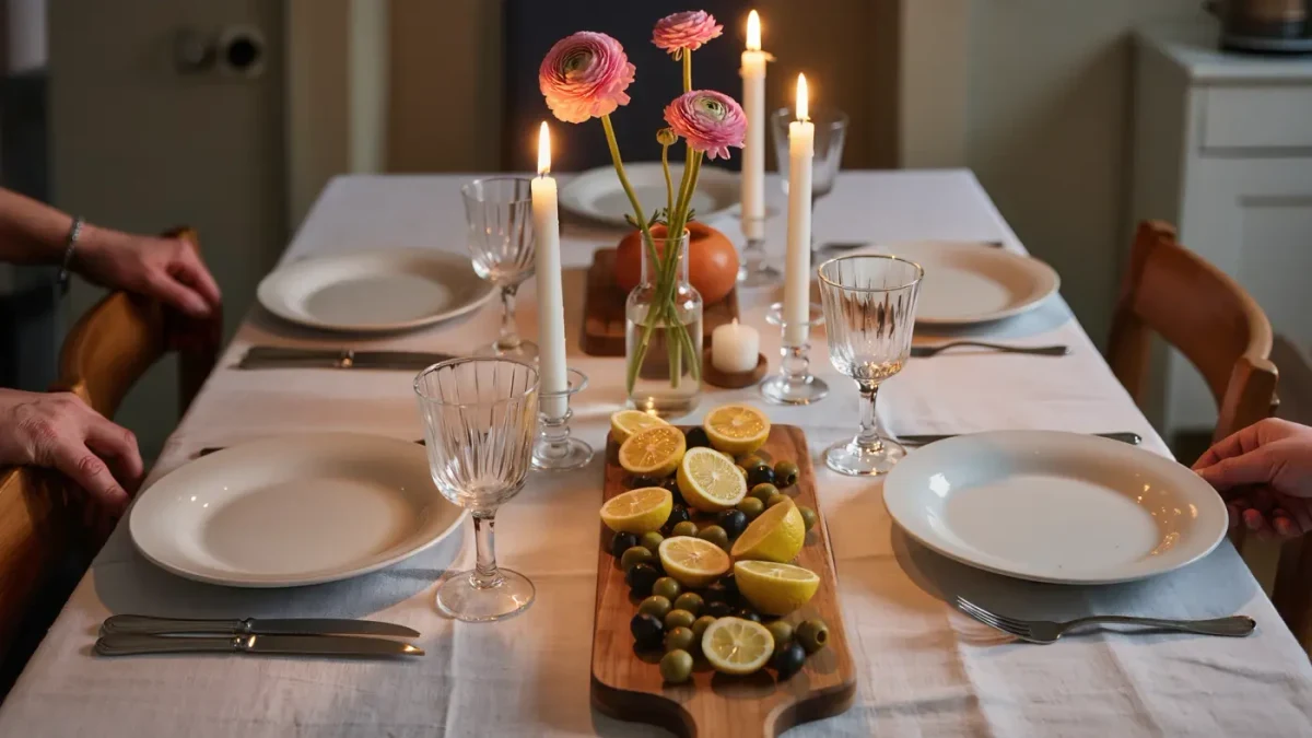 Home dinner table set for six with candles and a low centerpiece