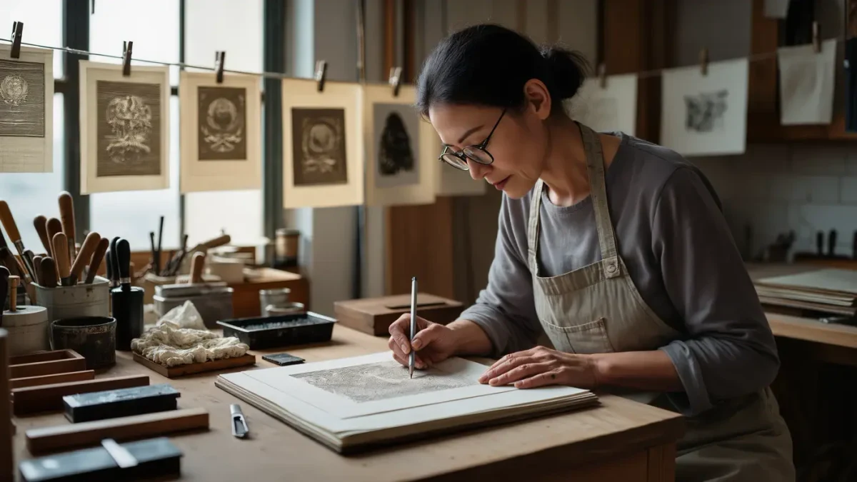 Printmaker numbering and signing a fresh edition in pencil