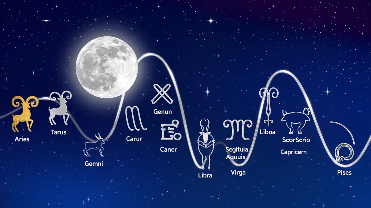 Labeled celestial illustration of the moon passing through zodiac constellations