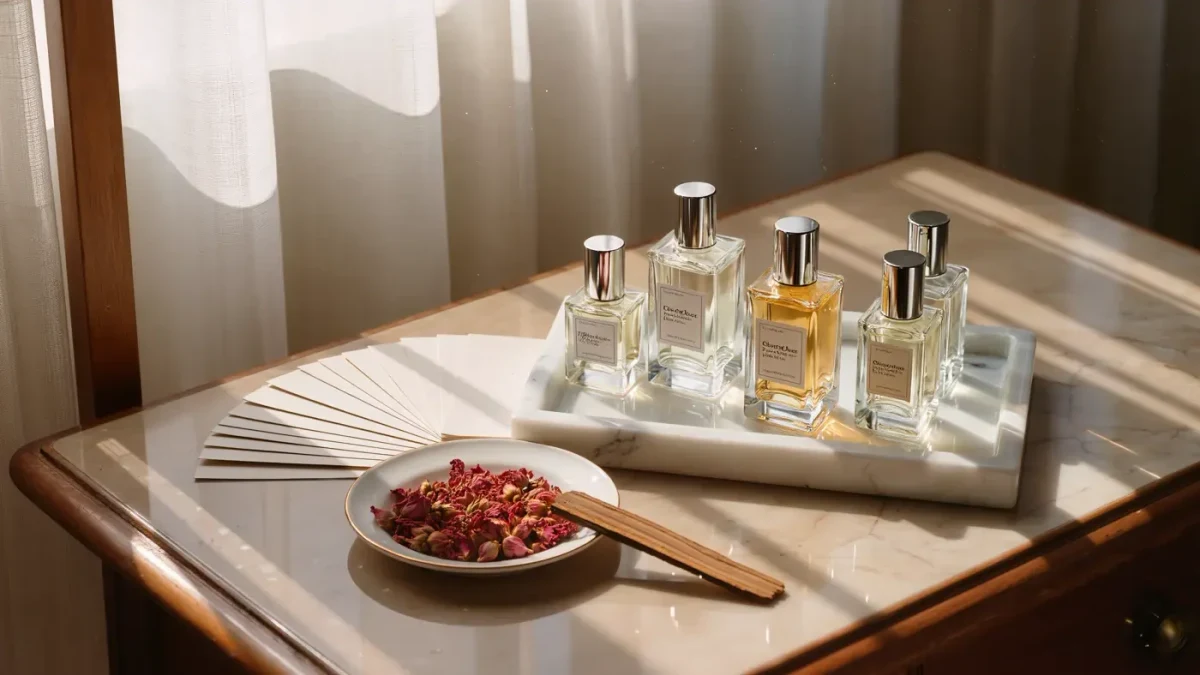 Dressing table corner with several perfume bottles arranged beside paper scent strips in soft morning light