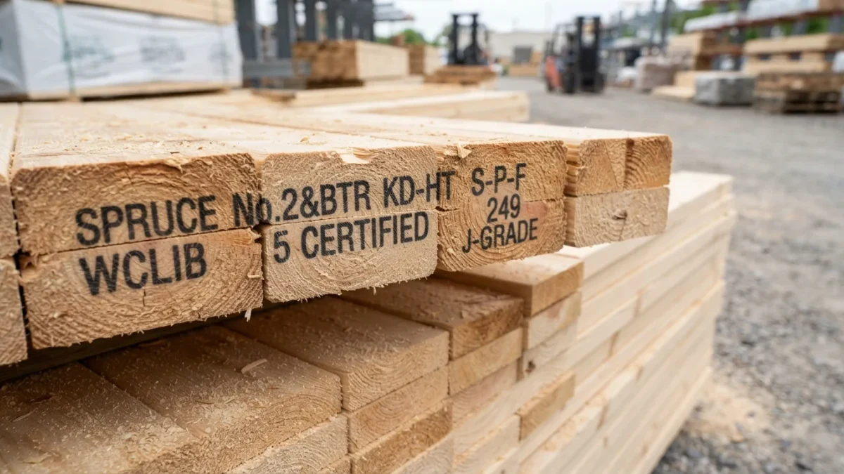Close-up of stacked framing lumber at a supply yard
