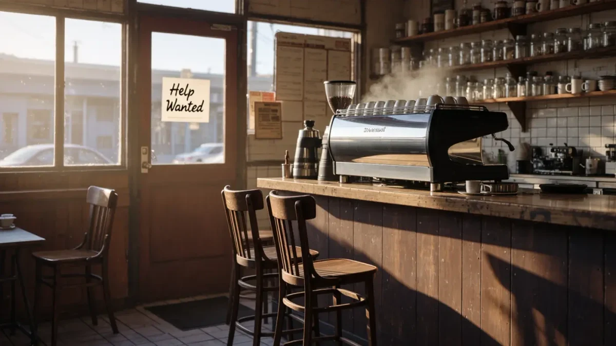 Quiet cafe corner with help-wanted sign and empty chairs before opening
