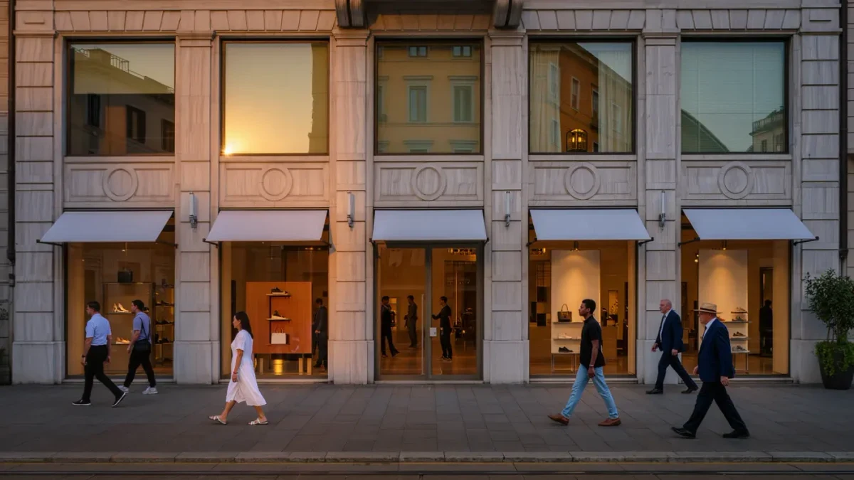 Candid documentary scene of diverse shoppers browsing outside a luxury boutique on a summer evening in Milan, warm light, natural street photography, no recognizable faces