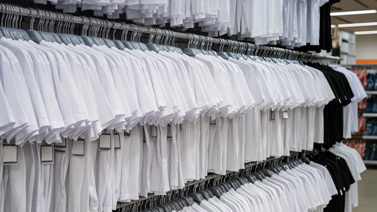 Basic white t-shirts on a discount store rack with price tags