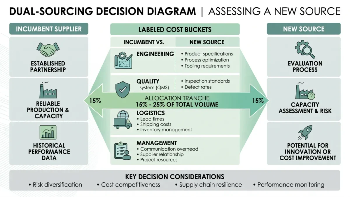 Infographic of dual-sourcing cost buckets and tranche split