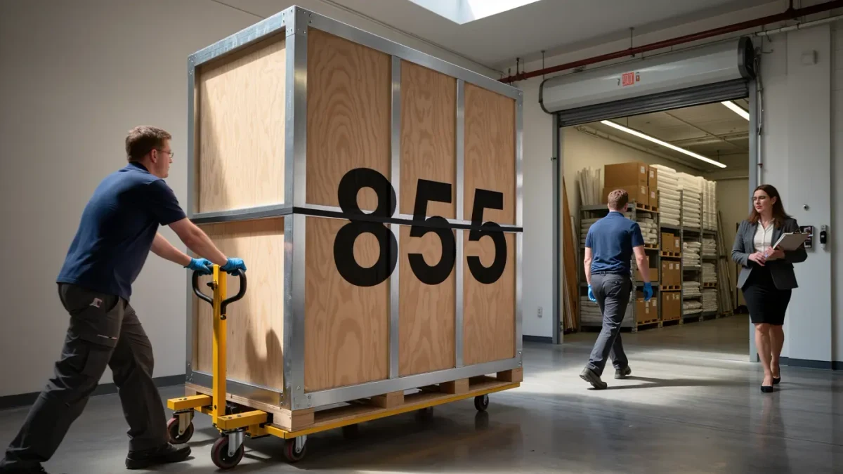 Art handlers wheeling a tall shipping crate through a museum corridor