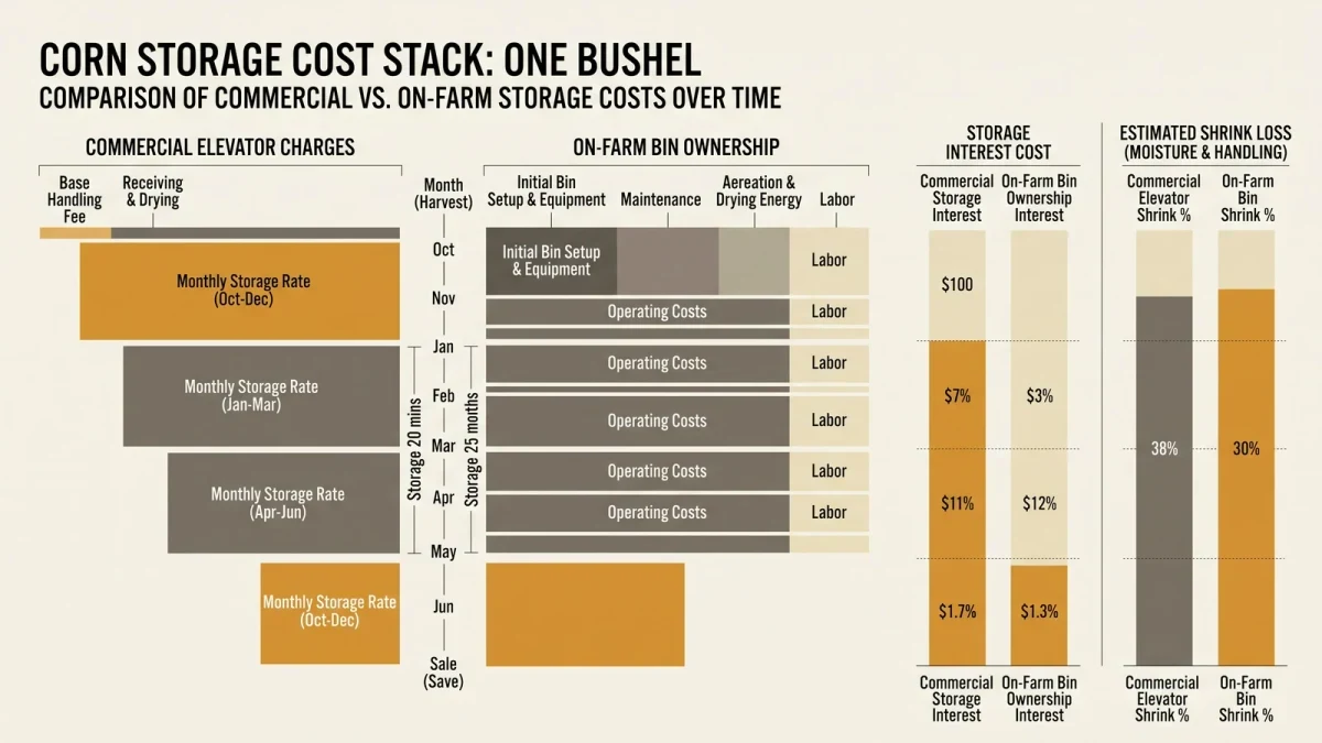 Clean editorial infographic chart of monthly grain storage costs