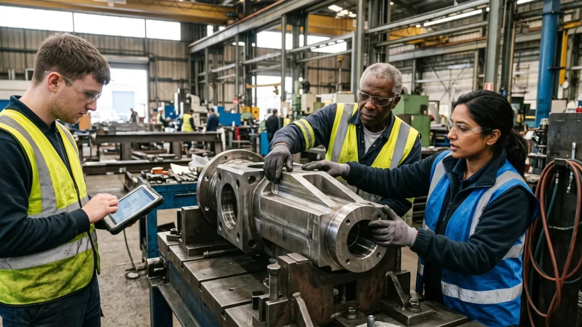 Workers assembling large machined defense components on a plant floor