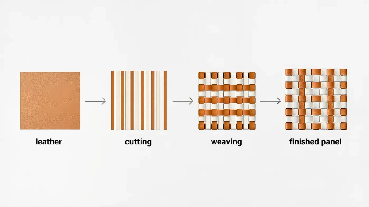 Chart tracing one woven leather panel through cutting, weaving and finished stages