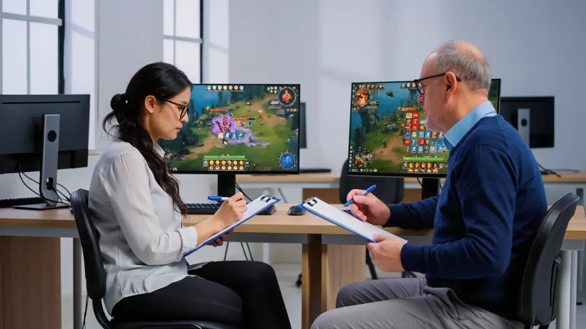 Two reviewers testing a game on desktop PCs and taking notes