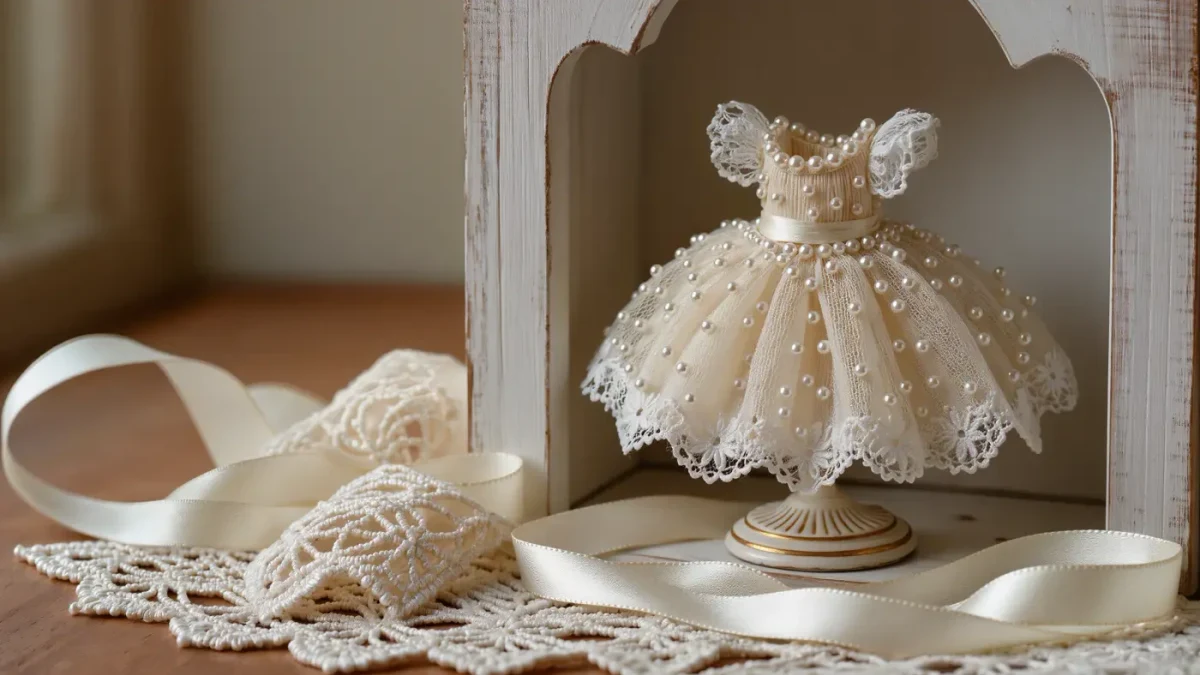 Pearl-beaded tulle dress on a vintage stand in soft window light
