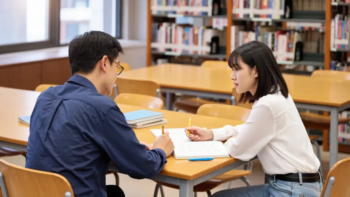 Tutor guiding student through workbook at table