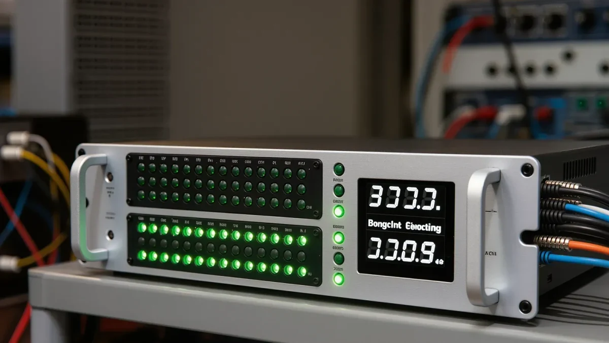 Close-up of streaming rack equipment in a radio station