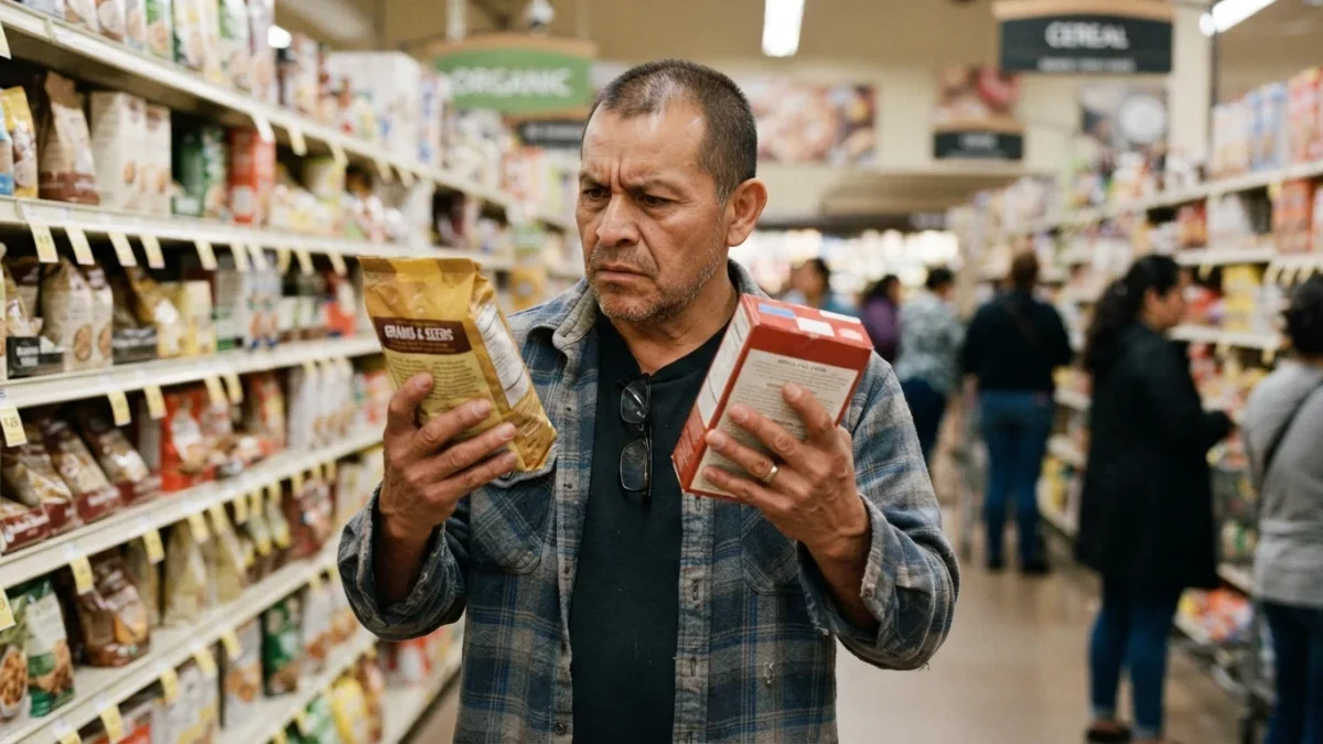 Shopper comparing two similar packaged items at a supermarket shelf
