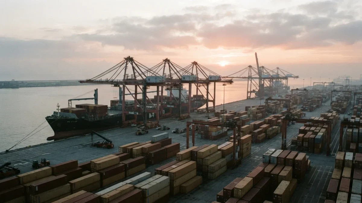 Container port cranes above stacked cargo boxes at dawn