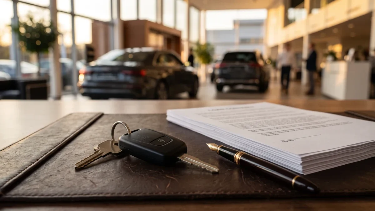 Key handover at a dealership desk beside contract papers
