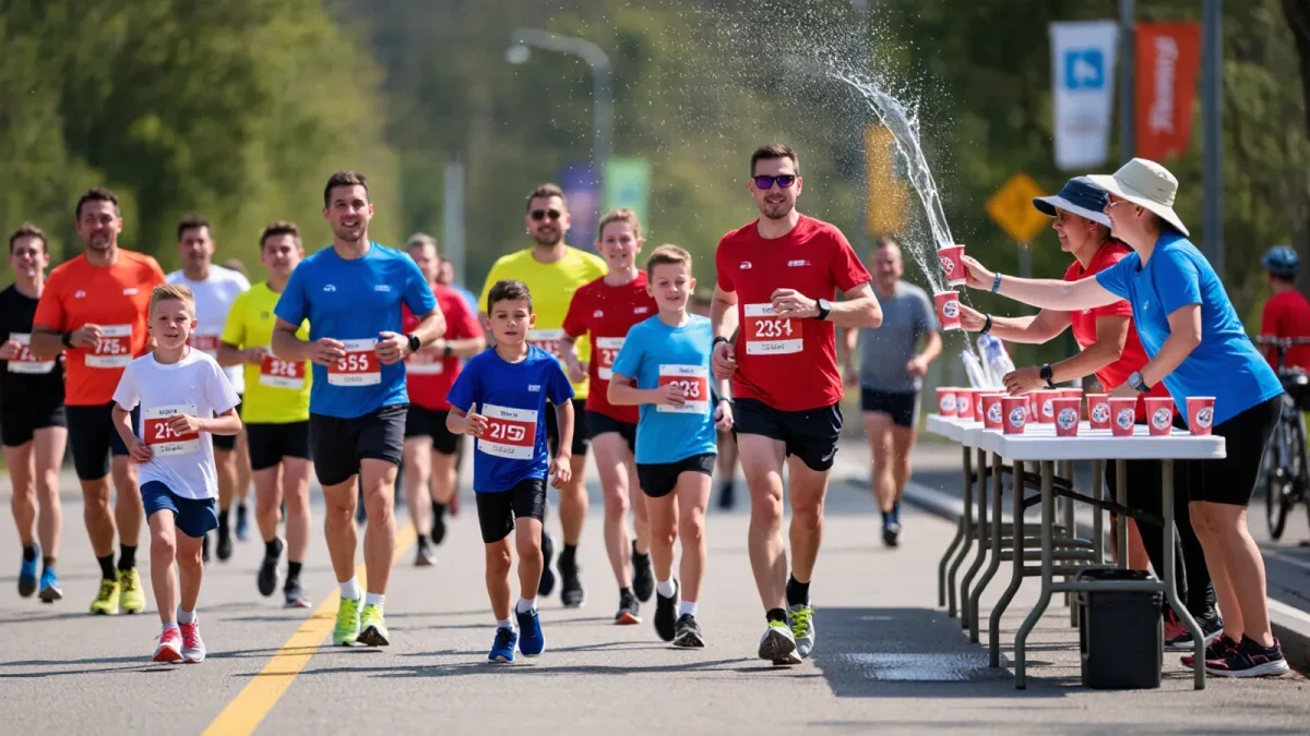 Runners grabbing cups at a race aid station on a warm day