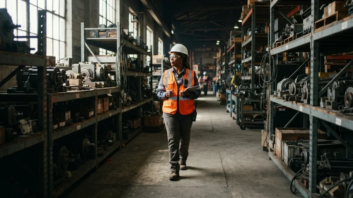 Technician in safety vest walking a long aisle of humming mining racks