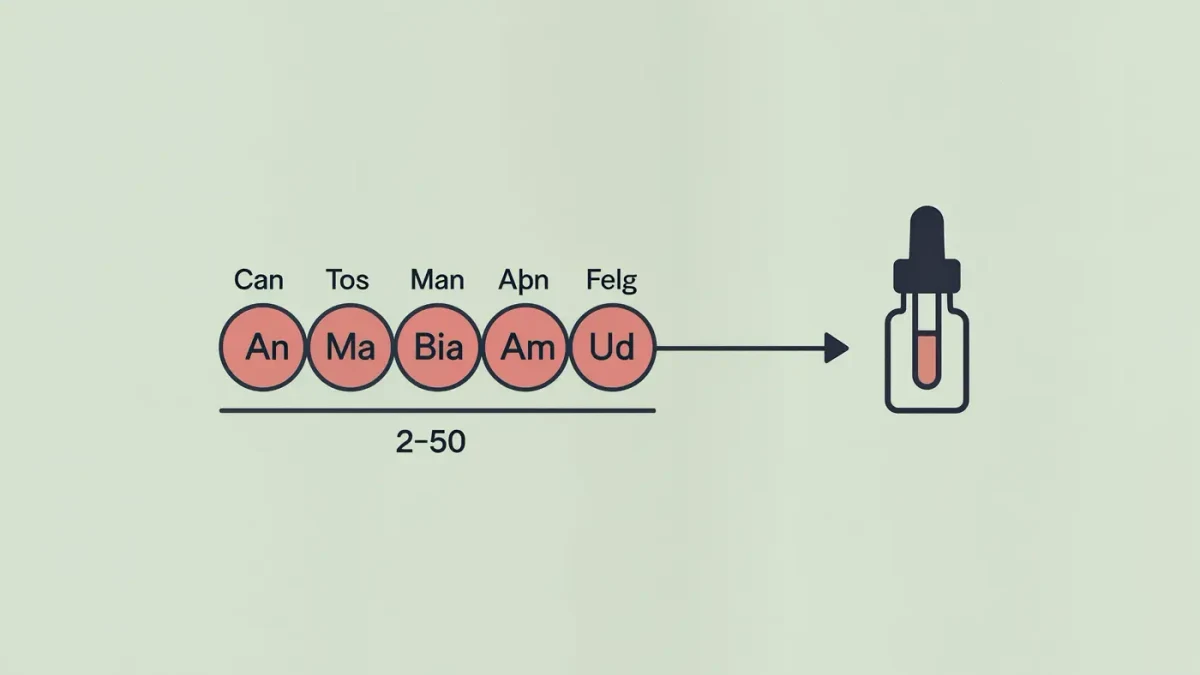 Minimal infographic showing amino acids linking into a short peptide chain beside a serum bottle icon