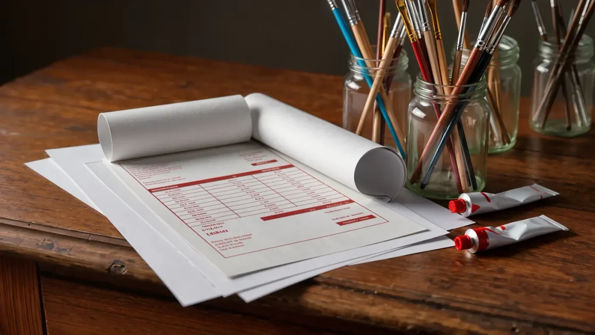 Tuition invoices stacked beside paint jars on a studio desk