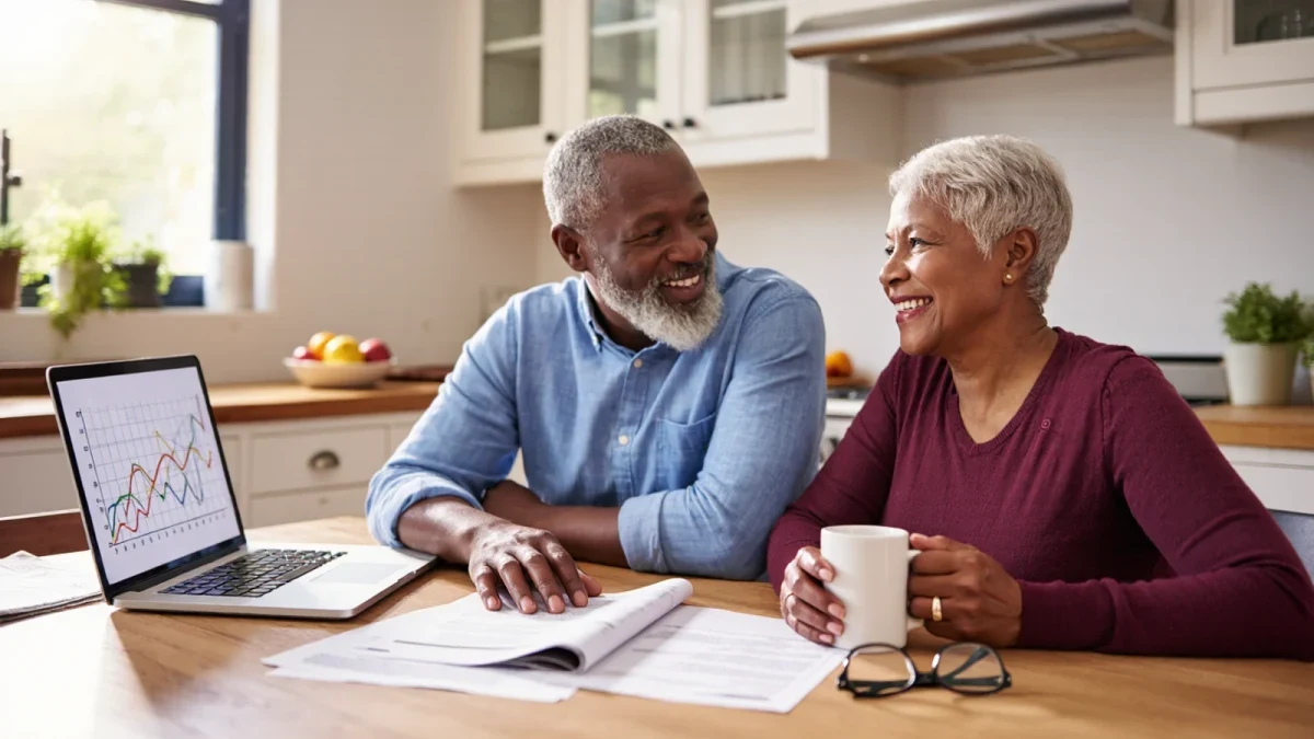 Retired couple reviewing paperwork together at kitchen table