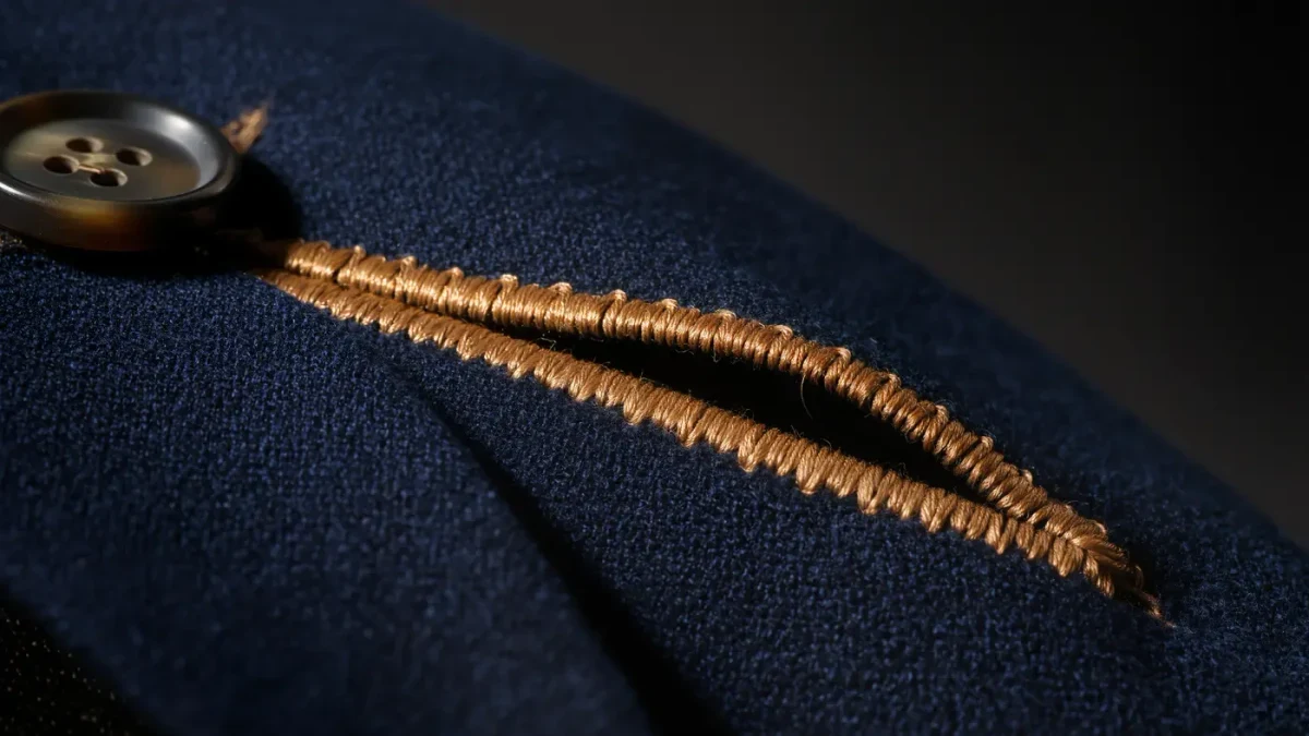 Macro photograph of a hand-worked buttonhole with raised gimp cord on navy wool