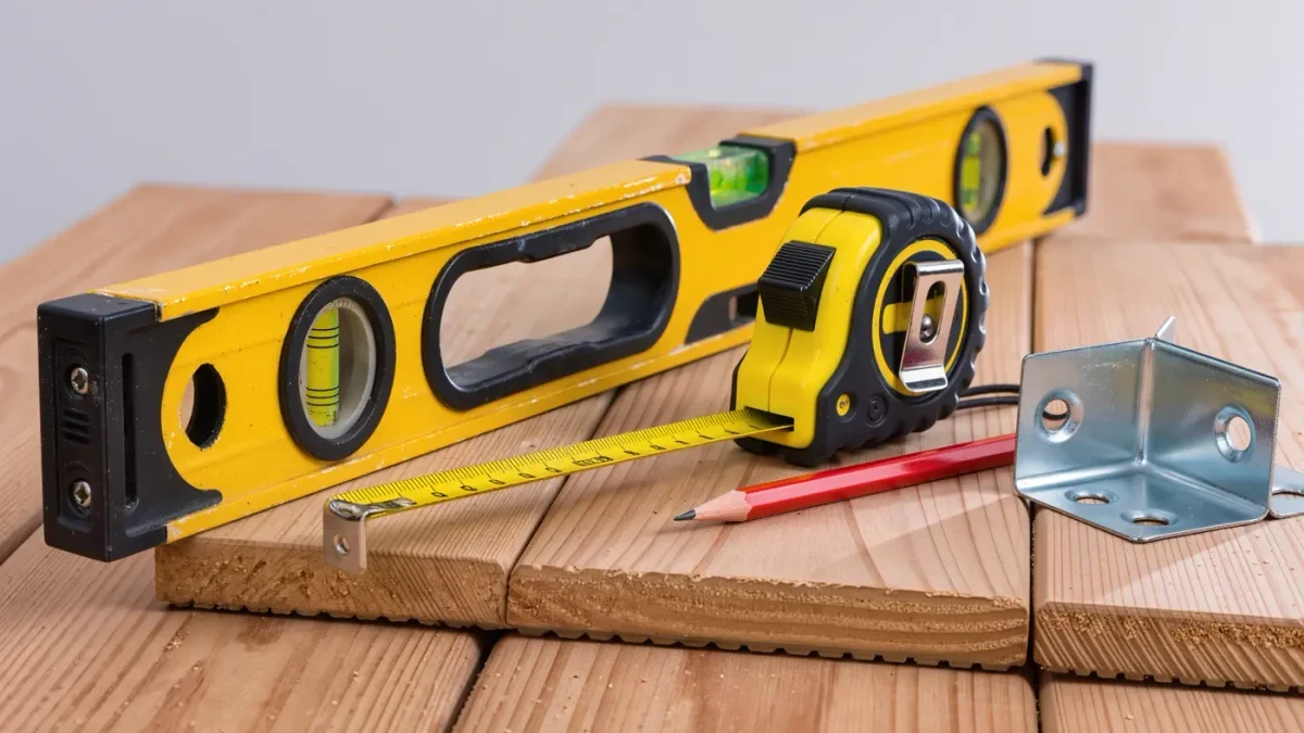 Carpenter's level and tape measure on a newly built wooden ramp