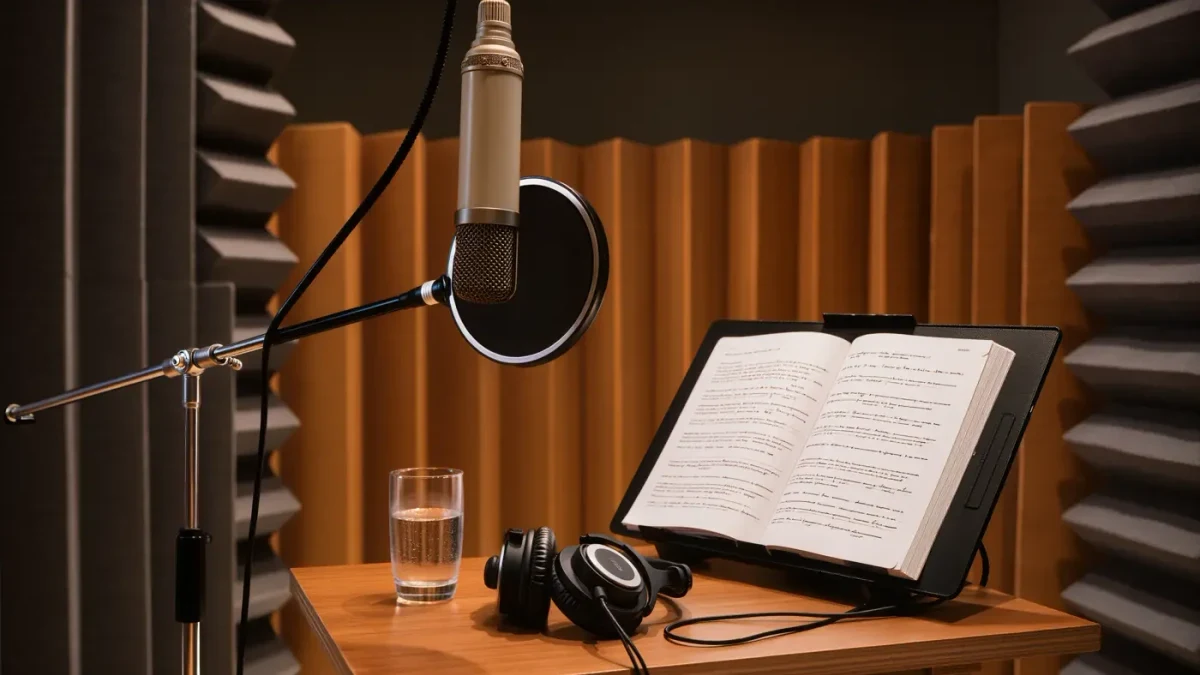 Empty recording booth with microphone and headphones