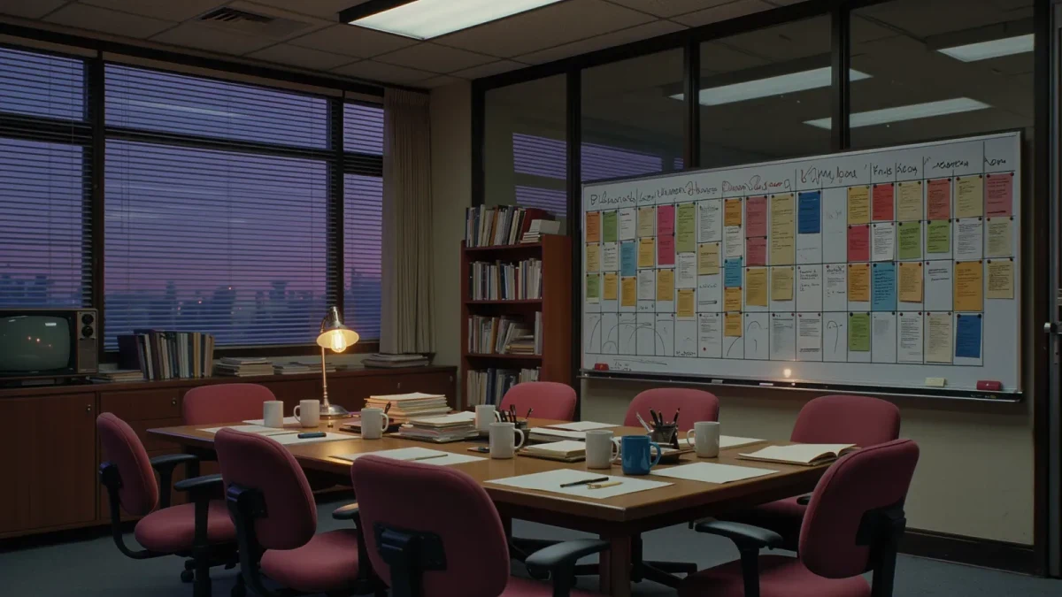 Empty writers' room with a season board mid-planning