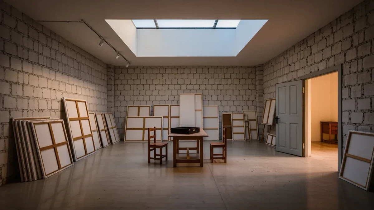 Canvases and empty chairs staged in a studio awaiting a visit
