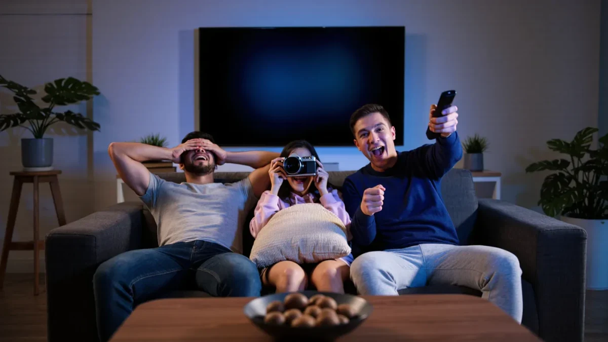Friends on a sofa covering eyes in front of a glowing TV