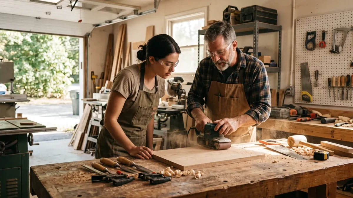 Small workshop owner training a new hire at a workbench