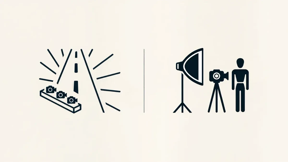 Infographic comparing a press-riser camera layout with a studio lookbook setup