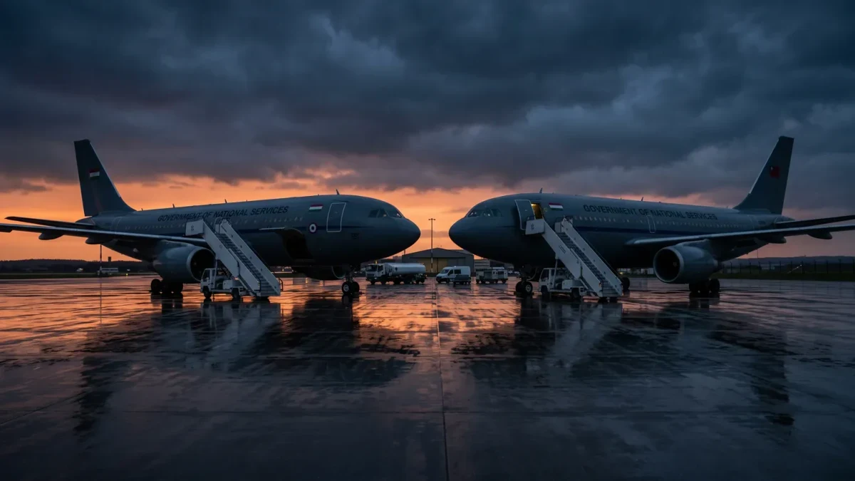 Two airliners parked nose to nose on a dusk tarmac