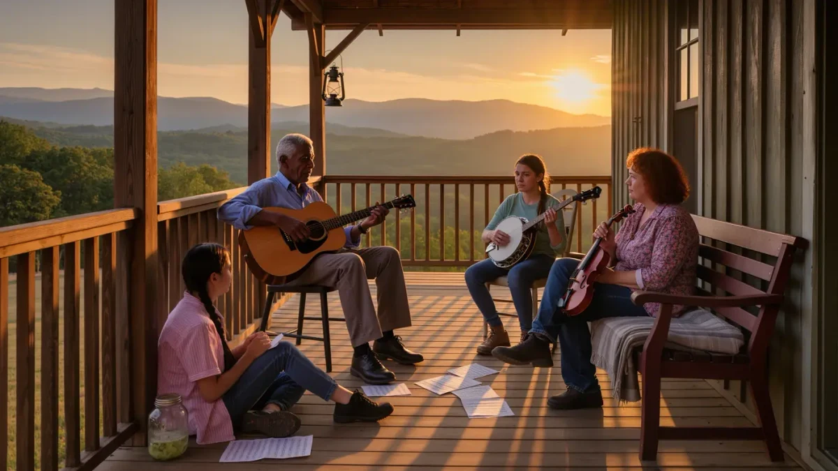 Young and old musicians trading songs at a porch jam in Appalachia