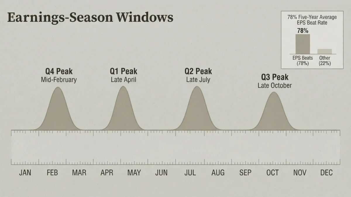 Infographic timeline marking the four quarterly earnings-season windows across a year