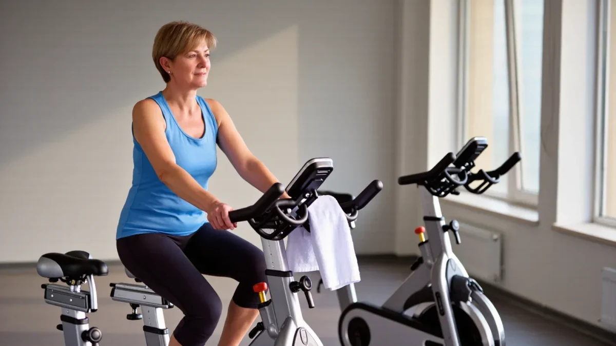 Older cyclist spinning easily on a stationary bike during recovery