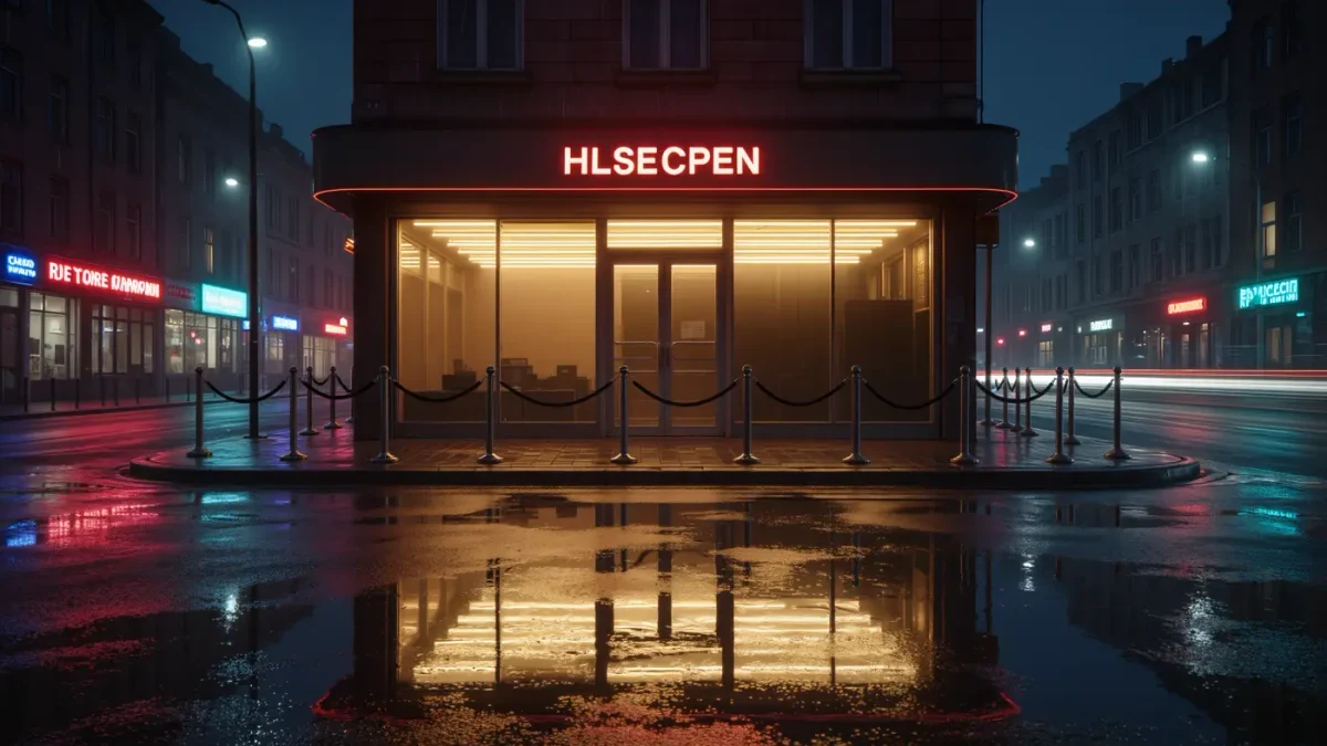 Lit electronics storefront on a city street at night, no people
