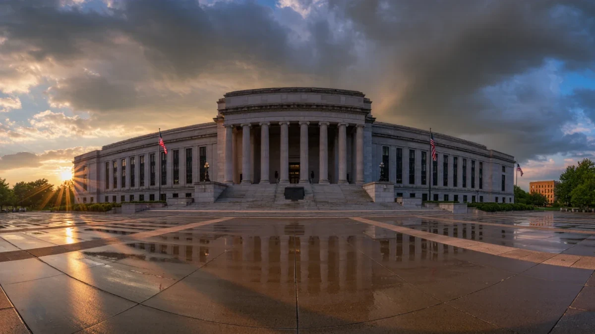 Bank district office facade under clearing skies