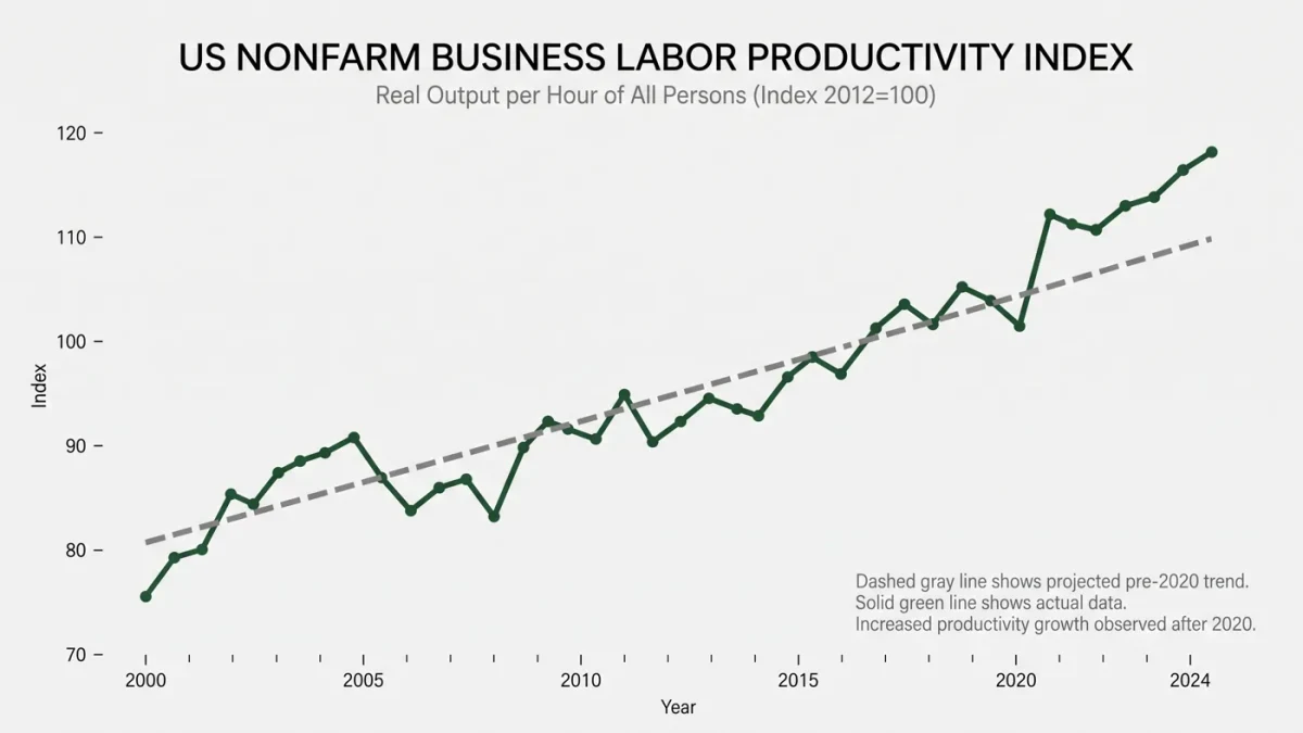 Chart contrasting pre- and post-2020 US productivity growth trends