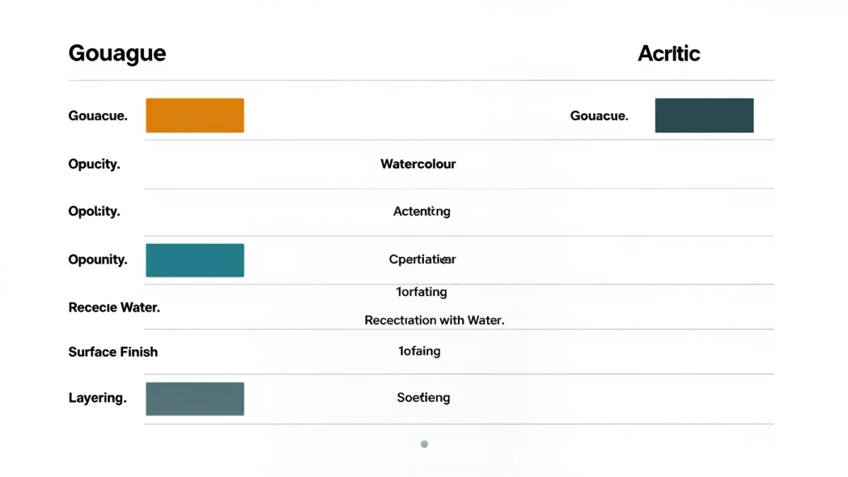 Infographic comparing opacity, rewetting and drying of gouache, watercolour and acrylic