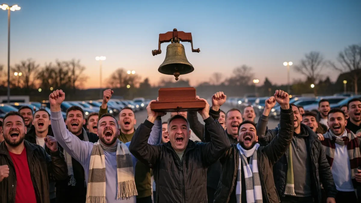 Fans celebrating with an unusual rivalry trophy object
