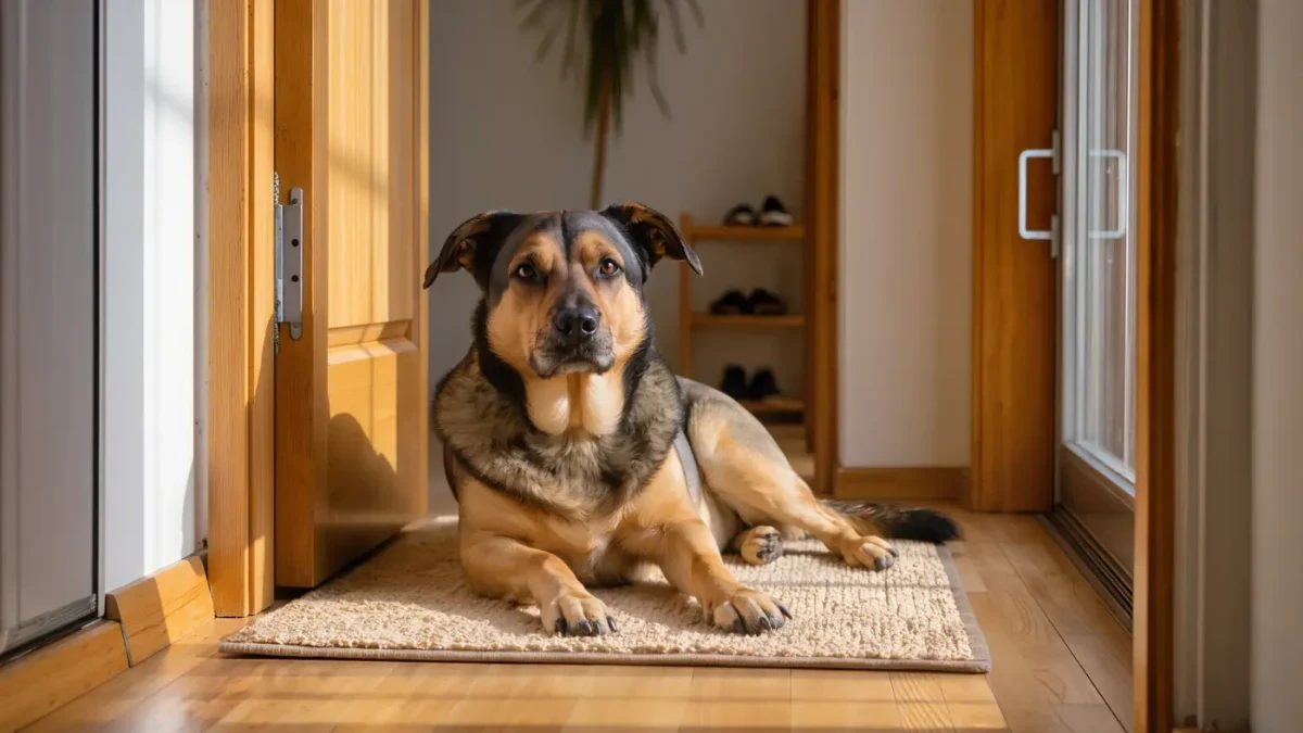 Photojournalistic scene of a dog resting by an apartment entry door